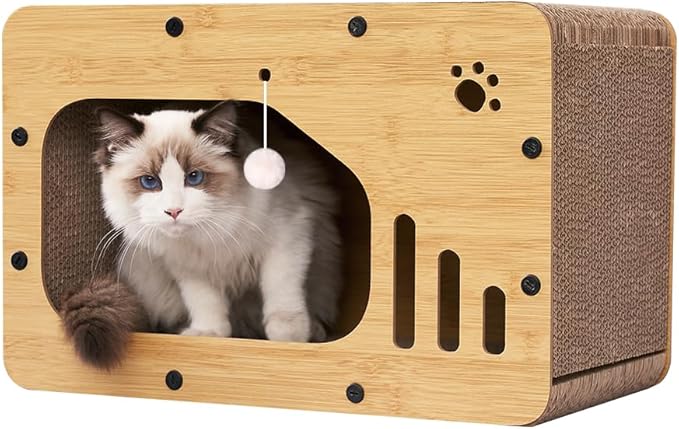 Cat Scratcher House, Cat Scratcher Board Cat Cave with Hanging Ball Toy，Large Space Cardboard Cat Bed Condo，Suitable for Cats to Rest&Scratching Cat Scratch Pad