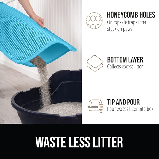 Gorilla Grip Honeycomb Cat Litter Mat, Two Layer Trapping Waste Mats, Soft On Paws, Indoor Box Supplies and Essentials, Feeding Trap, Water Resistant on Floors, 24x15 Turquoise