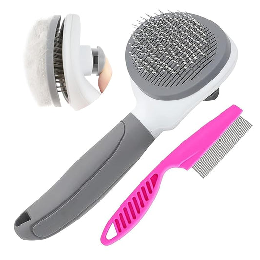 Cat Brushes for Indoor Cats, Dog Brush for Shedding with Metal Cat Comb, Self Cleaning Pet Hair Brush with Release Button for Grooming Kitten(Grey)