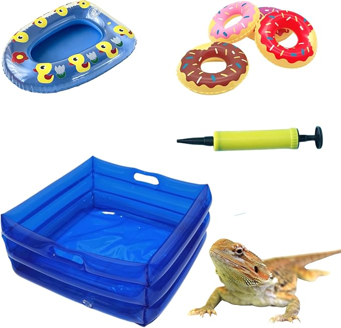 7 Pcs Foldable Bearded Dragons Pool Bath Collar Ring & Boat Set Swimming Bath Water Washer for Small Animal Hedgehog Hamster with Pump