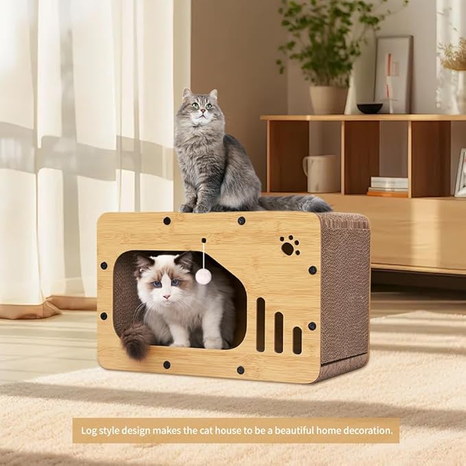 Cat Scratcher House, Cat Scratcher Board Cat Cave with Hanging Ball Toy，Large Space Cardboard Cat Bed Condo，Suitable for Cats to Rest&Scratching Cat Scratch Pad