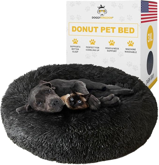 Calming Round Donut Dog Bed Pillow, Washable, Anti Anxiety, Anti-Slip, Cozy Soft Cuddler Comfort Bed with Fluffy Plush Faux Fur for large medium small Sized Dog - Dark Gray, 3XL 47 inch