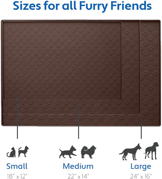 MIGHTY MONKEY 100% Waterproof Dog Food Mat, Raised Edges Silicone Pet Feeding Placemat for Cat, Dogs, Pet Bowls, High Lipped Tray Prevents Water Spills, Food on Floor, Dishwasher Safe, 24x16, Brown