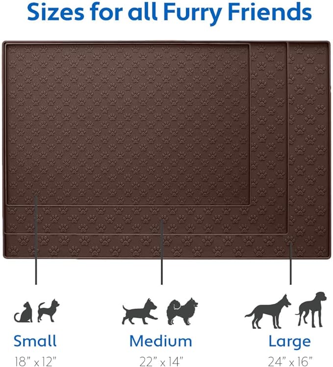 MIGHTY MONKEY 100% Waterproof Dog Food Mat, Raised Edges Silicone Pet Feeding Placemat for Cat, Dogs, Pet Bowls, High Lipped Tray Prevents Water Spills, Food on Floor, Dishwasher Safe, 18x12, Brown