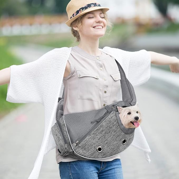 PetAmi Dog Sling Carrier for Small Dogs, Puppy Carrier Sling Purse, Dog Bags For Traveling, Carrying Bag to Wear Medium Cat, Adjustable Crossbody Pet Sling Travel, Poop Bag Dispenser, Max 10 lbs, Gray