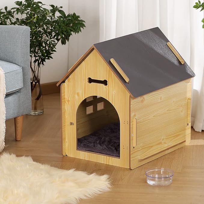 Wooden Pet House with Roof for Dogs Indoor and Outdoor Use, Easy Assemble Breathable Dog Crate for Small Medium Dog Cat, Dog Kennel for Playing and Resting