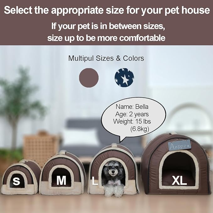 ANPPEX Dog House Indoor,2 in 1 Washable Covered Dog Bed,Insulated Cozy Dog Igloo Cave,L Size for Small and Medium Dogs,Brown