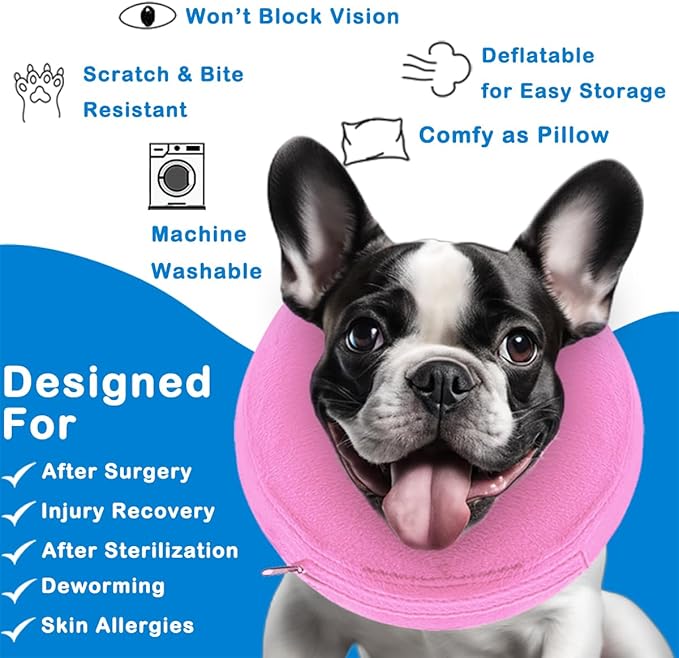 Inflatable Dog Cone Collar (M Size), Soft Blow-up Protective Recovery Dog Collar, Pet Donut Cone Collar, Comfy E-Collar After Surgery for Medium Dog to Prevent Biting Scratching, Pink