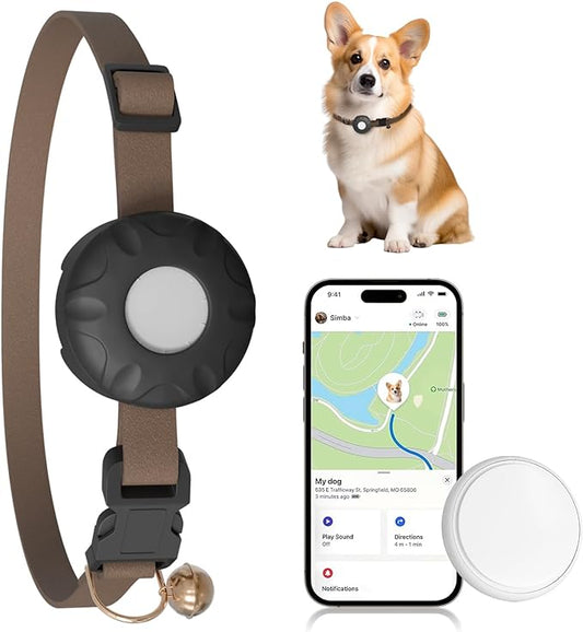 Dog Tracker Collar, No Monthly Fee Pet Tracker for Dogs (iOS Only), Pet Location Tracker with Safety Elastic Buckle, Air Tracker Tag Included, Only Support Apple Find My App (Brown)