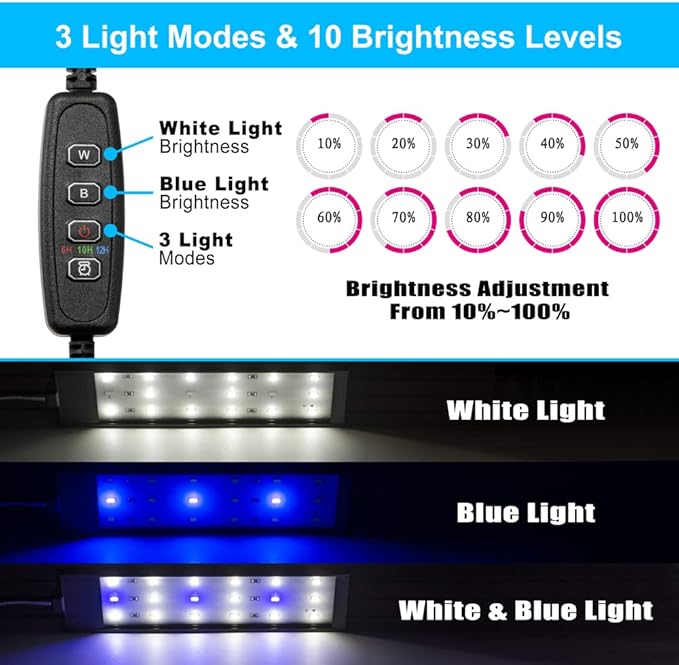 Aquarium Light Clamp Fish Tank Light White and Blue LEDs 8W Aquarium Clip On Light with 3 Lighting Modes and Timer&Dimmer, 1 Yr Warranty