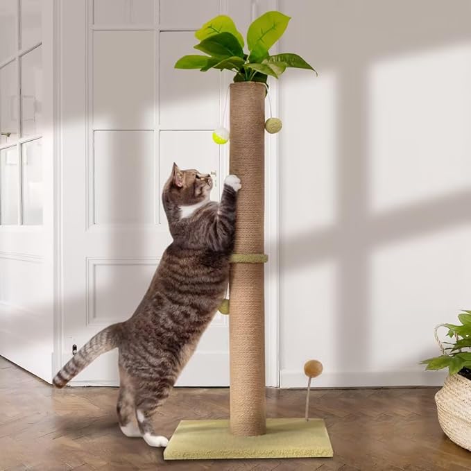 Scratch Post for Cat Post 36 INCH Tall Cat Scratch Post for Indoor Cats with Natural Sisal Rope 3.4 Inch Diameter Scratcher Post Tree Kitten Large Cat Interactive Toy(Leaf)…