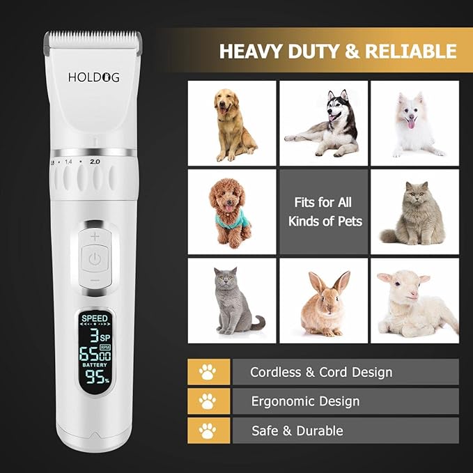 Dog Clippers Professional Heavy Duty Dog Grooming Clipper 3-Speed Low Noise High Power Rechargeable Cordless Pet Grooming Tools for Small & Large Dogs Cats Pets with Thick & Heavy Coats