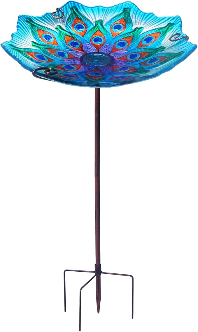 Bird Bath, Glass Bird Bath for Outside, Bird Feeders Bird Bath Bowl for Outdoors with Metal Stake, Peacock Bird Baths for Outdoors Décorations, Standing Small Birdbath for Outside Garden-Peacock Blue