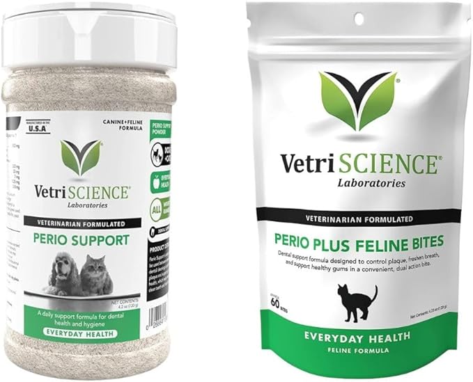 VetriScience Perio Support Teeth Cleaning Dental Powder for Dogs and Cats, Up to 192 Servings & Perio Plus Teeth Cleaning Chews for Cats, 60 Chews