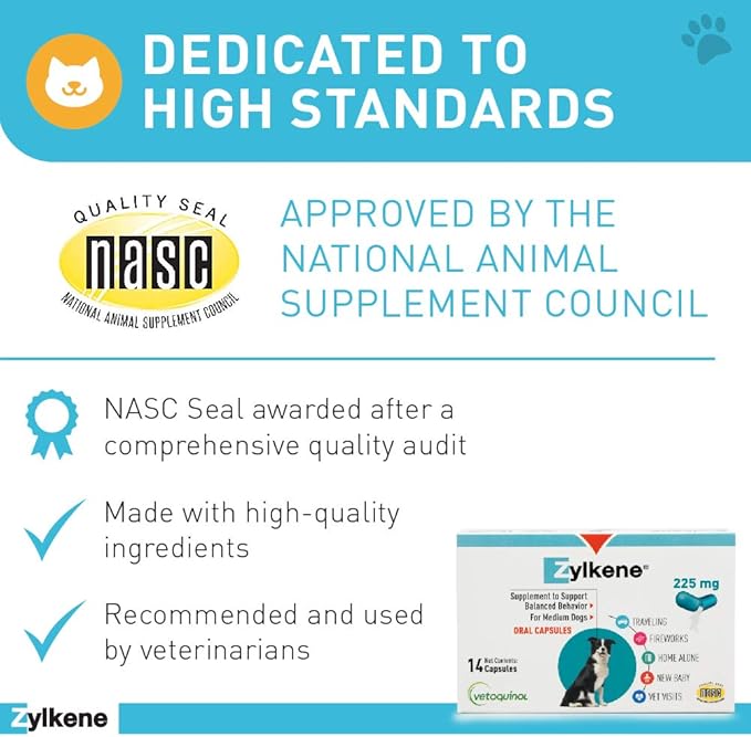 Vetoquinol Zylkene Behavior Support Capsules for Medium Dogs 33-65lbs, Calming All Natural Milk Protein Supplement, Helps Relieve Dog Anxiety During Fireworks and Thunder, 225mg