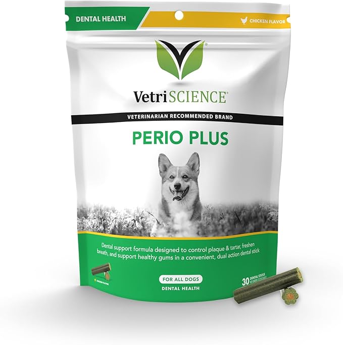 VetriScience Perio Plus Dental Sticks for Dogs - Advanced Dog Breath Freshener - Dual Action Dog Teeth Cleaning Chews for Plaque Control & Fresh Breath, 30 Sticks, Chicken Flavor