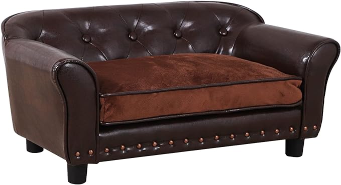 Dog Sofa and Chair/Luxury PU Leather Pet Sofa Chair/with Copper Nail Dog Couch/Wooden Frame Cat Sofa Chair/Dog Sofa Bed with Suede Cushion for Small Dog Using (brown)