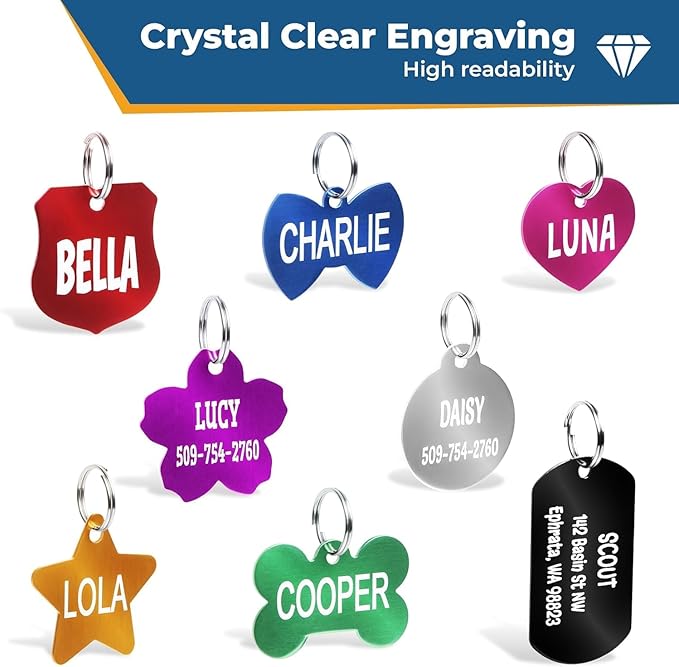 GoTags Personalized Colorful Dog Tags, Aluminum Pet ID Tags Engraved with Name in Bone, Round, Heart and More Shapes