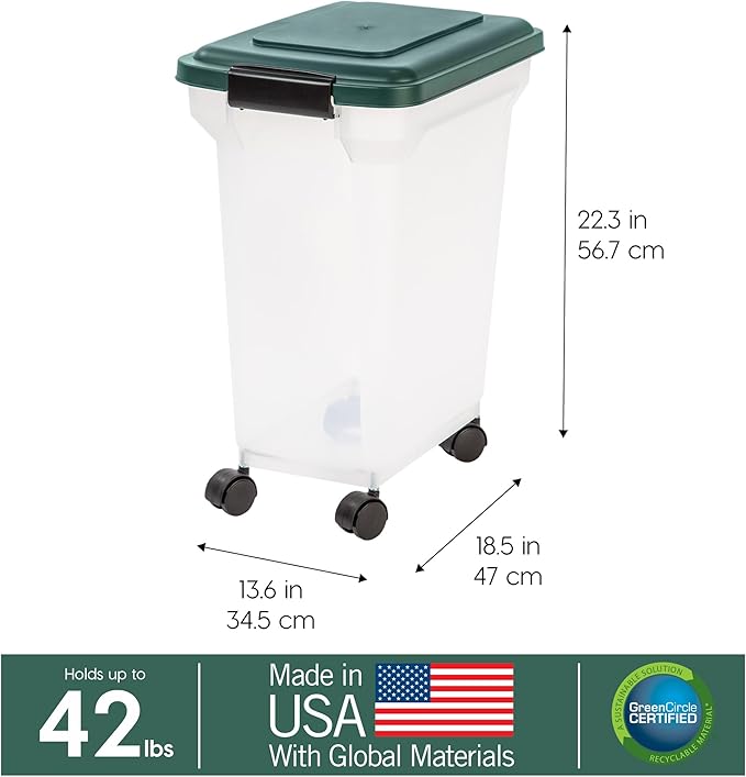 IRIS USA WeatherPro Airtight Dog Food Storage Container, Up to 42 lbs, Attachable Wheels, For Dog Cat Bird and Other Pet Food Storage Bin, Keep Fresh, Translucent Body, Green