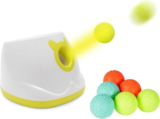 Automatic Ball Launcher for Dogs, 4 Launch Distance Modes, 2-inch Small Balls Included, Suitable for Small to Medium Sized Dogs (White with Latex Ball)