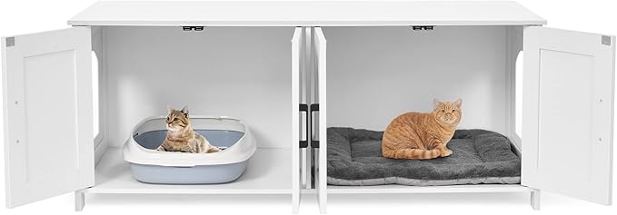 Cat Litter Box Enclosure for 2 cats, Litter Box Furniture Hidden with Double Room,Wooden Cat Washroom Furniture,Cat House,47.2”L x 19.7”W x 19.7”H,White