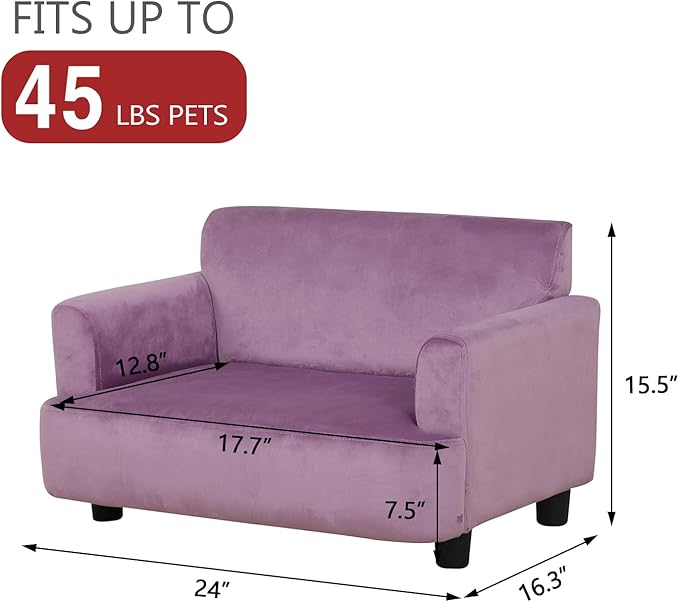 Dog Sofas and Chairs for Small Pet, Pet Sofa Bed with Wooden Frame and Velvet Fabric, Upholstered Dog Bed,Cat Sofa Chair for 45 Pounds Small Animal Using,Purple