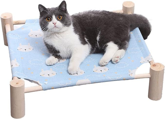 Pozico Cat/Dog Bed Hammock Cat Bed, Wooden Dog Elevated Indoor Outdoor Beds, Raised Cat Cots Furniture Pet Bed Puppy Bed Portable Breathable Mesh Cat Beds for Small Animals-Blue Rabbit