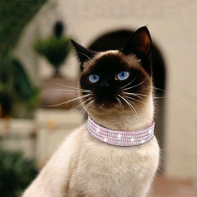 Cat Collars,Rhinestone for Girl Cats Bling Kitten Flower Adjustable Breakaway Collar with Bell Soft Velvet Leather Collar for Puppy Small Dogs (Pink)