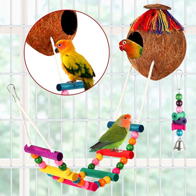 Bird Toys 17 Pcs Bird Parakeet Swing Chewing Hanging Toys Climbing Ladder Coconut Bird Cage Toys Suitable for Cockatiels,Conures,Finches,Budgie,Love Birds