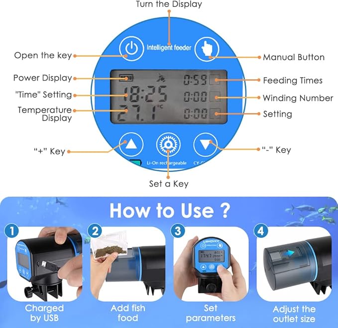 Lukovee Automatic Fish Feeder, Feeding Time Display USB Rechargeable Timer Moisture-Proof Aquarium or Fish Tank Food Dispenser with 200ML Large Capacity with Temperature Measure Function, Blue