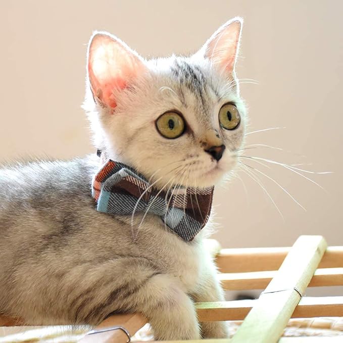 Cat Collar Breakaway with Bell and Bow Tie, Plaid Design Adjustable Safety Kitty Kitten Collars Set of 2 PCS (6.8-10.8in) (Green&Light Blue Brown)