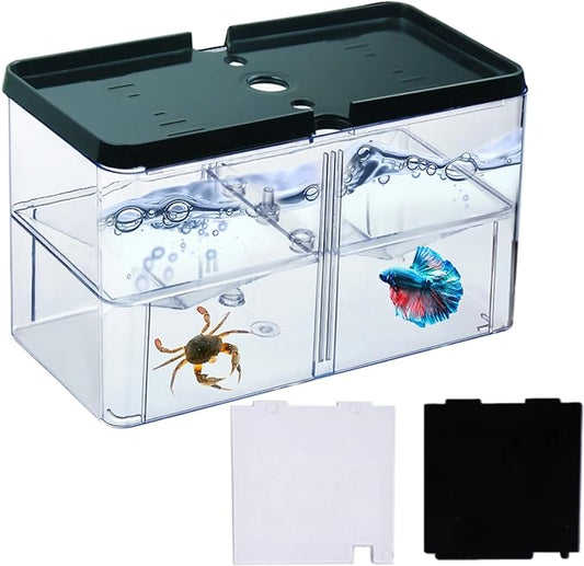 Small Betta Fish Tank, 3-in-1 Stackable Mini Fish Tank, Divided Compartments Beta Fish Tanks for 2 Betas Shrimp Sea Monkeys, 0.4 Gallon Acrylic Tiny Aquarium Tank with Hatchery Incubator (Black Lid)