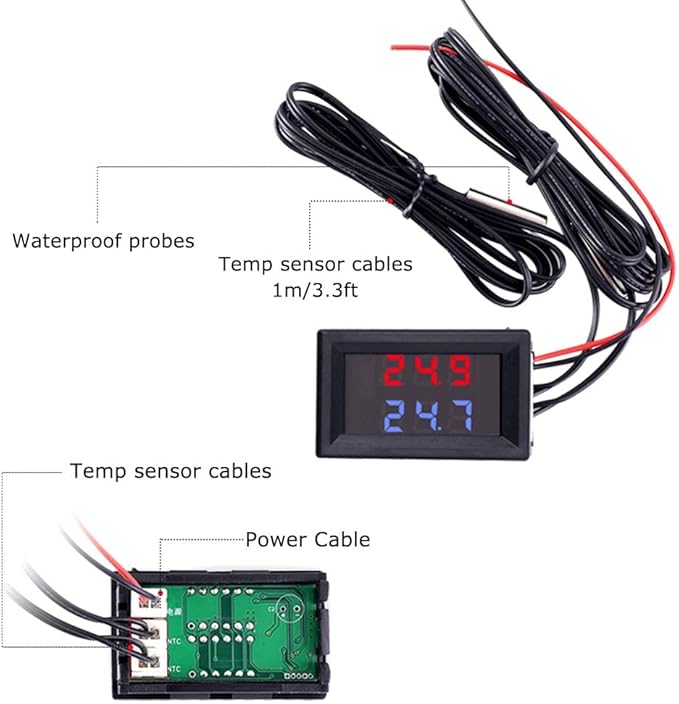 Icstation Digital Thermometer, Car Auto Temperature Gauge Sensor, DC 4-28V Fahrenheit Dual Display, Monitor with 2 NTC Waterproof Probes for Aquarium Vehicle Fish Tank