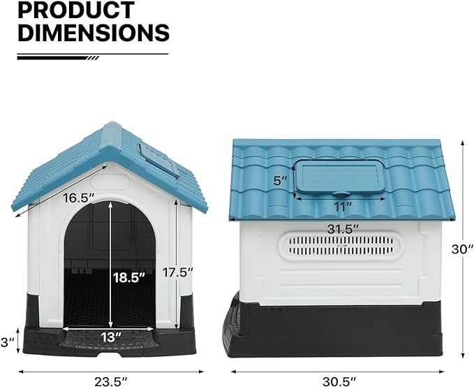 MoNiBloom Easy to Clean Insulated Dog House with Mats and Tray, Outdoor Durable Dog House for Small Medium Large Dogs, Waterproof Doghouses with Elevated Floor and Air Vents, 30.5"D x 23.5"W x 30"H