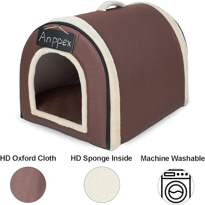 ANPPEX Small Dog House Indoor,2 in 1 Washable Covered Dog Cat Bed,Insulated Cozy Pet Dog Igloo Cave,M Size for Cats and Puppies,Brown