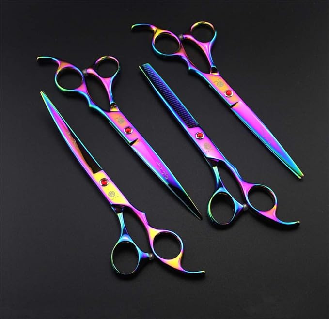 Purple Dragon Professional 7.0 inch 4PCS Pet Grooming Scissors Kit Japan Premium Steel Straight & Curved & Thinning Blade Dog Hair Cutting Shears Set with Case