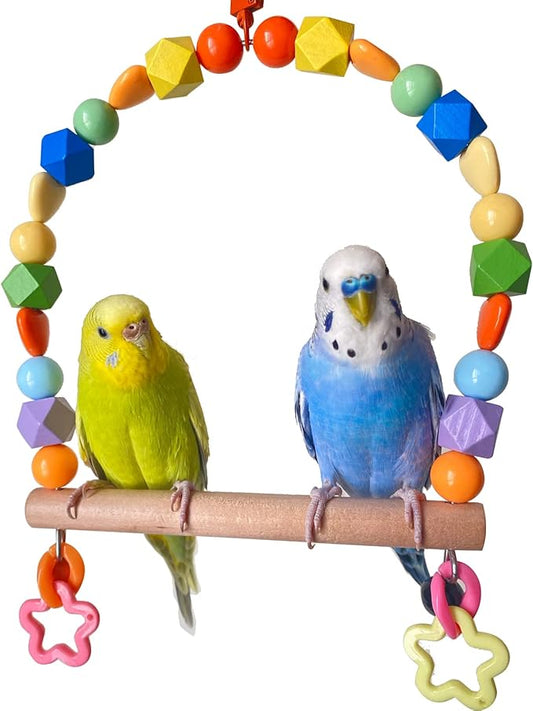 Wooden Bird Swings for Large Parrots, Cockatiel Perch Parakeet Swing Hanging Birdcage Stands Playground Play Gyms Accessories Colorful Beads Climbing Toy for Lovebirds Conures Budgies