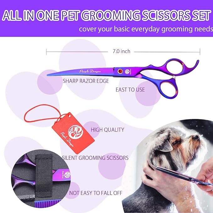 Purple Dragon Professional 7.0 inch 4PCS Pet Grooming Scissors Kit Japan Premium Steel Straight & Curved & Thinning Blade Dog Hair Cutting Shears Set with Case