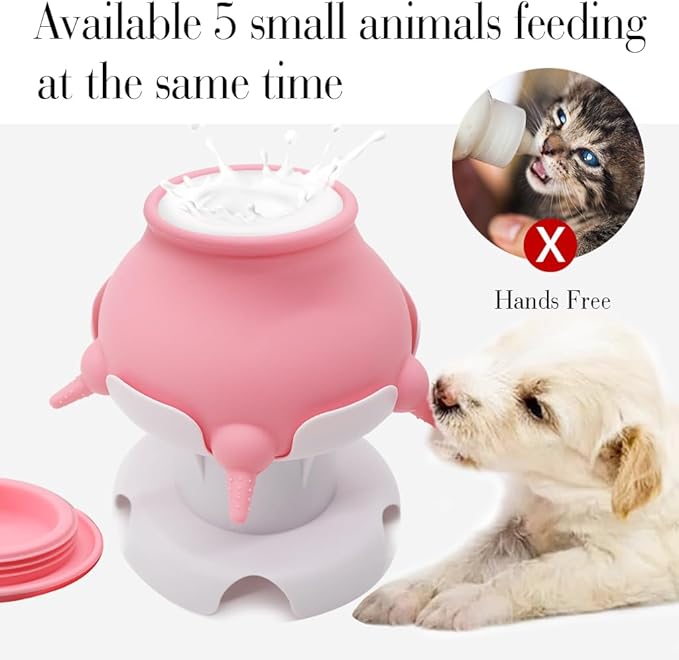 Puppy Feeder for Multiple Puppies, vocheer 240ml Puppy Milk Feeding Station with Adjustable Height, Food-Grade Silicone 5 Artificial Nipples, Convenient and Efficient Pet Nursing Bottle-Pink