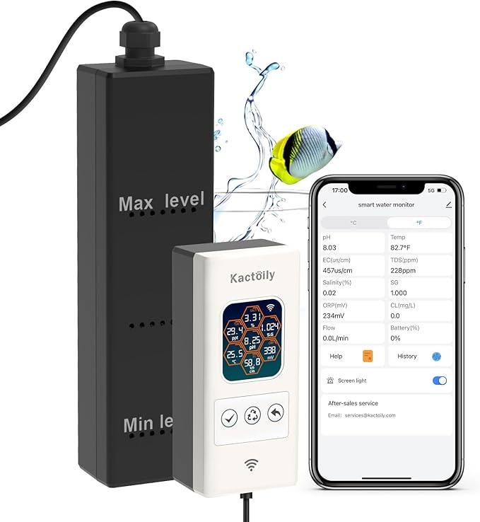 Newest Smart Aquarium Monitor All in One pH/ORP/Salt/S.G/TDS/EC/Temp 24h Online Freshwater and Saltwater Fish Tank Tester (WiFi Version)