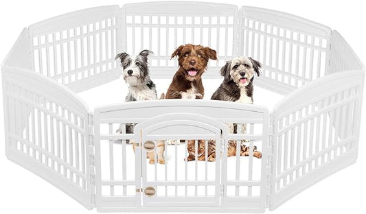 IRIS USA Dog Playpen, 8-Panel 24" Pet Playpen with Door, Puppy Playpen, Indoor/Outdoor Dog Pen, 84 x 84 x 24, Foldable, Customizable, White