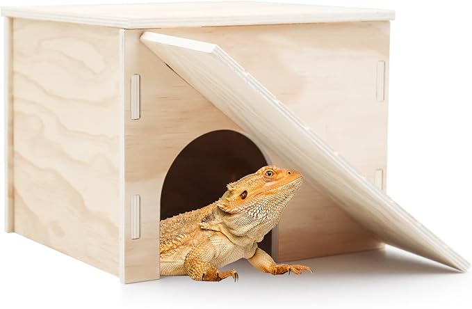 Large Bearded Dragon Hide Cave, Wooden Lizard Hideout with Climbing Ramp, Reptile Habitat with Basking Platform, Tank Accessories for Bearded Dragon Lizard Chameleon Hamster 11.3 x 9.1 x 7.1 Inch