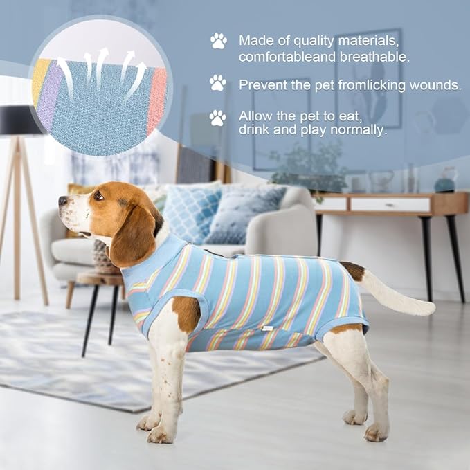 Pet Recovery Suit After Surgery - Abdominal Wounds Breathable Striped Leisure Wear Shirt, E-Collar Alternative Cats Dogs Neuter Spay Anti Licking Clothes for Male Female Pets (Small)