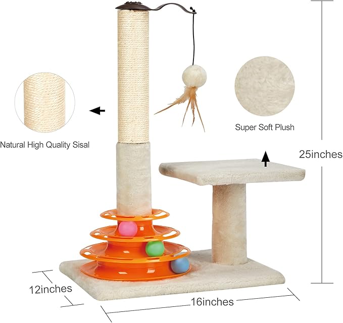 Tall Cat Scratching Post Kitten Sisal Scratcher Tree with Cat Tracks Toy balls for Indoor Cats and Kittens - 25 inches