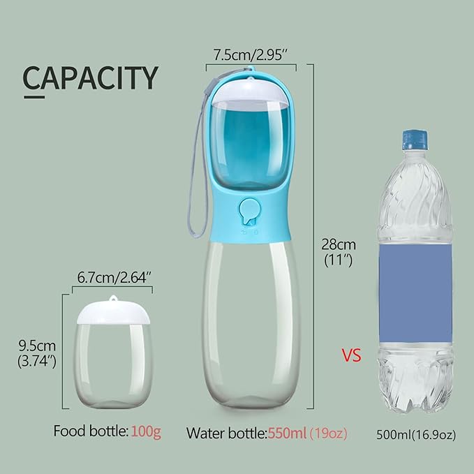 Dog Water Bottle,Portable pet Water Bottle with Food Container,Outdoor Portable Water Dispenser for Cat,Rabbit,Puppy and Other Pets for Walking,Hiking,Travel(10oz)