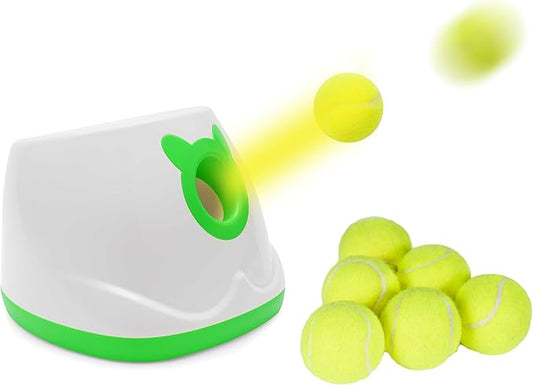 Automatic Ball Launcher for Dogs, 4 Launch Distance Modes, 2-inch Small Balls Included, Suitable for Small to Medium Sized Dogs (Green with tennis balls)