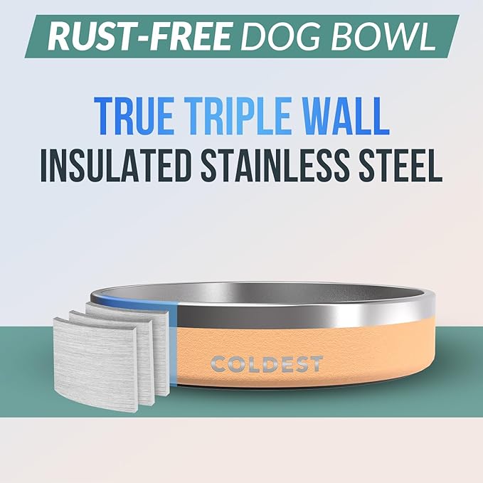 Coldest Dog Bowl - Anti Rust Metal & Non Slip Dog Bowls Large, Spill Proof Heavy Duty 3 Layers Insulated Dog Bowl - Food and Water Bowl for Dogs, Cats & Pets, Dishwasher Safe (21 oz, Sahara Tan)