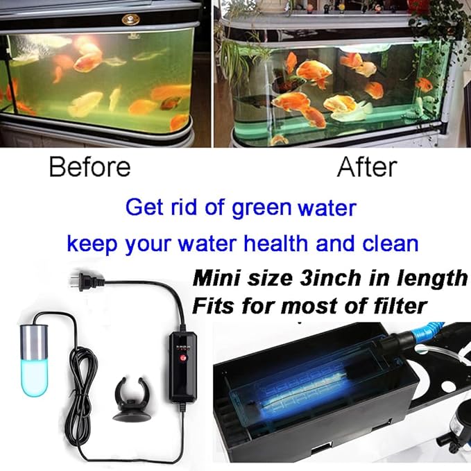 Mini 3W Timer Aquarium &UV-C Water Clean Light Aquarium Algae Clean Light Water Green Clean Fish Tank Water Clean Lamp for Sump Pond Filter Tank