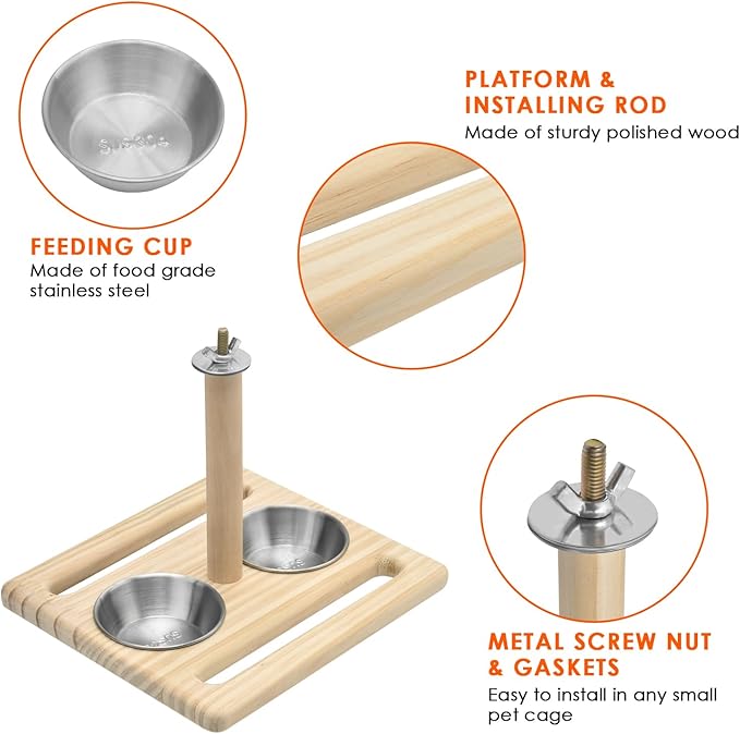KATUMO Bird Perch Parrot Platform Bird Stand Parrot Playground with 2 Removable Feeding Bowl Cups for Parakeet Lovebird Cockatiel Conure Budgie Small Birds
