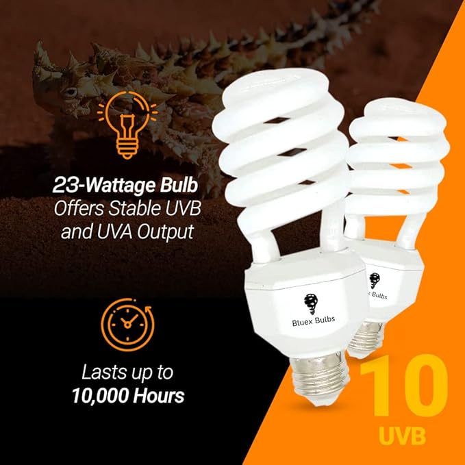 2 Pack 23-Watt Reptile Bulb Desert UVA UVB Light - 10.0 UVB Reptile Light - Compact Florescent Terrarium Bulb Suitable for Desert Reptiles Lizards Bearded Dragons Tortoises CFL UVB Bulb (23 Watt 10.0)